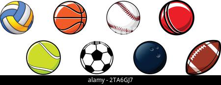 various cartoon stylized american sports balls baseball basketball soccer football gridiron cricket tennis bowling volleyball vector set on transparen Stock Vector