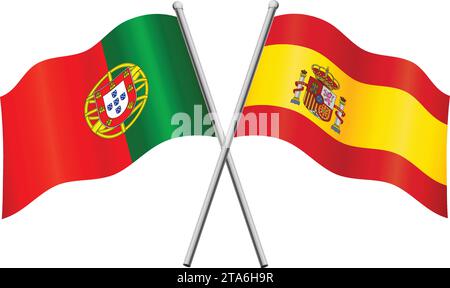 spain and portugal flags in relationship alliance or versus conflict crossed flagpoles vector isolated on white background Stock Vector