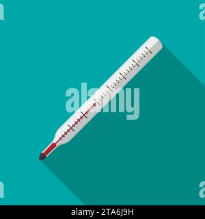 A glass linear mercury thermometer icon for measuring the temperature of the human body on blue background, Vector Stock Vector