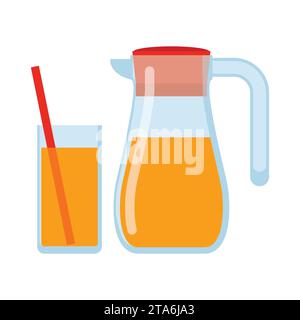 Jug glass of orange juice isolated icon on white background, Lemonade glass and pitcher. Healthy drink Flat style vector Stock Vector