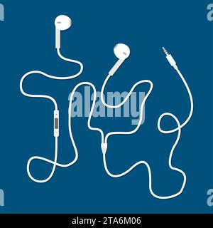 Earphones with connector and switch controller isolated on blue background, Vector illustration Stock Vector