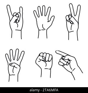 Various gestures of human hands set icons in line style isolated on a white background. Vector illustration Stock Vector