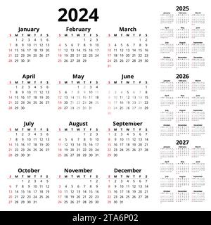 Vector 2024, 2025, 2026, 2027 horizontal english calendars. Simple ...