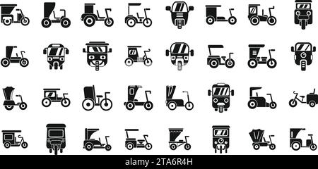 Trishaw icons set simple vector. Bike indian transport. Bicycle vehicle taxi Stock Vector