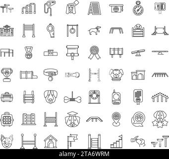 Dog school icons set outline vector. Agility course canine. Pipe training Stock Vector