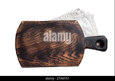 Empty wooden Cutting board over towel on kitchen table, healthy cooking background. Isolated, white background Stock Photo