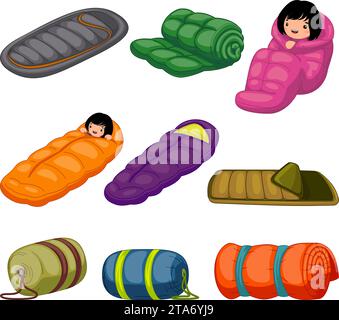 Sleeping bag icons set cartoon vector. Adventure roll blanket. Camp outdoor Stock Vector