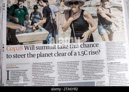 'Cop28 Will summit take this chance to steer the planet clear of 1.5C rise?   Guardian newspaper headline climate crisis article 25 Nov 2023 London UK Stock Photo