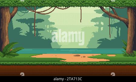 Pixel art seamless landscape with tropical forest, lake and hanging liana vines. 8-bit retro video game style jungle background Stock Vector