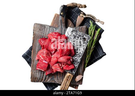 Raw Chopped beef veal meat on butcher board. Isolated, white background Stock Photo