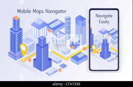 Map a small town on smart phone. GPS route map. Navigation app on screen. Isometric Vector illustration. Stock Vector