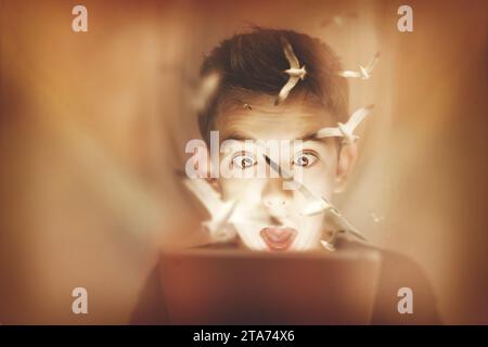 Portrait of a surprised boy seeing seagulls flying out of his digital tablet Stock Photo