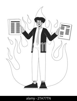 Busy workaholic hispanic man holding papers black and white 2D line cartoon character Stock Vector