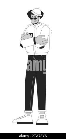 Shivering from cold weather black and white cartoon flat illustration Stock Vector