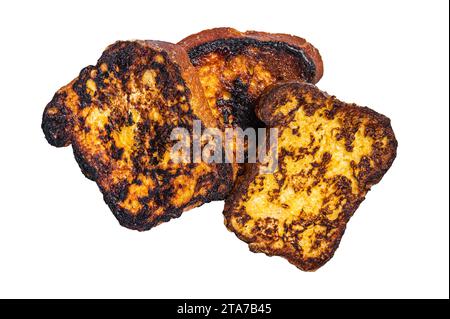 Stack of delicious french toasts on table. Isolated, white background Stock Photo