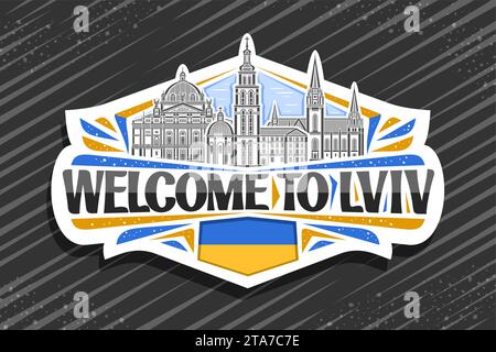 Vector logo for Lviv, white decorative badge with line illustration of famous european lviv city scape on day sky background, art design patriotic ref Stock Vector