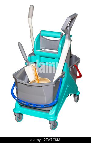 A turquoise cleaning trolley for cleaning tools and a removable gray mop bucket with a wringer mechanism. Isolated on a white background. Stock Photo