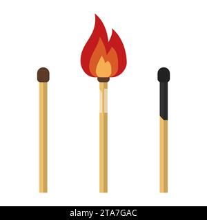 Matches, lighted match and burned match isolated on white background. Vector illustration Stock Vector