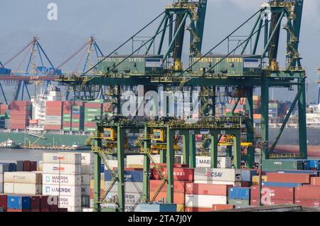 Santos city, Brazil. Cranes at the Container Terminal in the Port of Santos. Terminal 37. Stock Photo