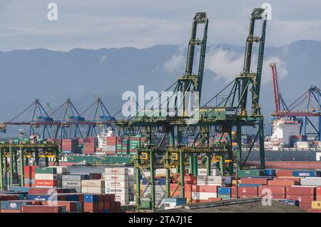 Santos city, Brazil. Cranes at the Container Terminal in the Port of Santos. Terminal 37. Stock Photo