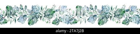 Watercolor tropical seamless border on isolated background. African Protea flower evergreen shrub. Eucalyptus botanical ornament. Stock Photo