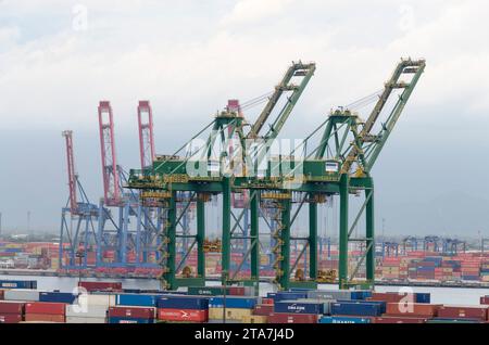 Santos city, Brazil. Cranes at the Container Terminal in the port of Santos. Terminal 37. Stock Photo