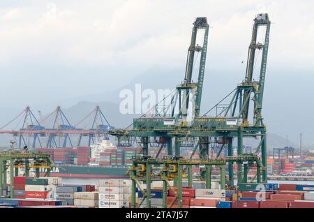 Santos city, Brazil. Cranes at the Container Terminal in the Port of Santos. Terminal 37. Stock Photo