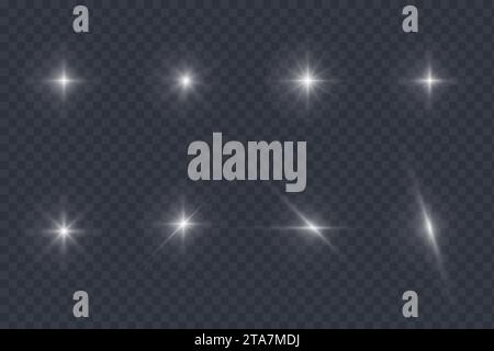 Stars and light effects on a transparent background. Vector glowing elements isolated. Illuminated particles of the star set Stock Vector