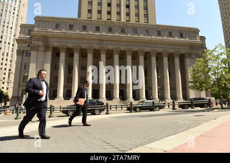 New York, USA - May 24, 2018: People near the Thurgood Marshall Courthouse. United States Court House in NYC Stock Photo