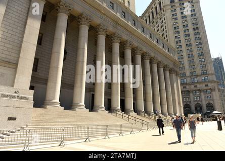 New York, USA - May 24, 2018: People near the Thurgood Marshall Courthouse. United States Court House in NYC Stock Photo