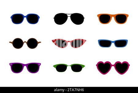 Set of real colorful style cute glasses. Party summer beach sunglasses icons isolated on white background. Vector Stock Vector