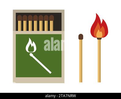 Burning match with fire, opened matchbox, burnt matchstick isolated on white background. Vector illustration Stock Vector