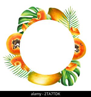 Marker frame, logo and templates with sweet ripe slice of papaya with grains, tropical leafs, monstera in watercolor style. Hand drawn realistic tasty Stock Photo