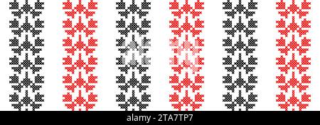 Ukrainian vector seamless fashion pattern. Decoration in black and red color. Ukrainian vertical stripes fashion pattern. Pixel art, vyshyvanka, cross Stock Vector