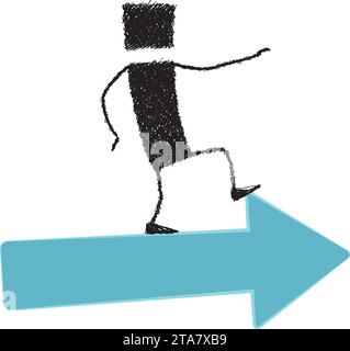 A stick figure standing on an arrow pointing forward. A metaphor of progress, success. Stock Vector