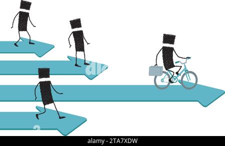 Several stick figures running on arrows pointing forward. One is the fastest, because bike ride. Stock Vector