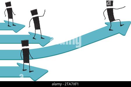 Several stick figures are above arrows. One is taking off: going to succeed. Stock Vector