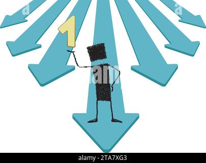 Stick figure standing on an arrow, holding in his hand the number one. A metaphor of leadership. Stock Vector