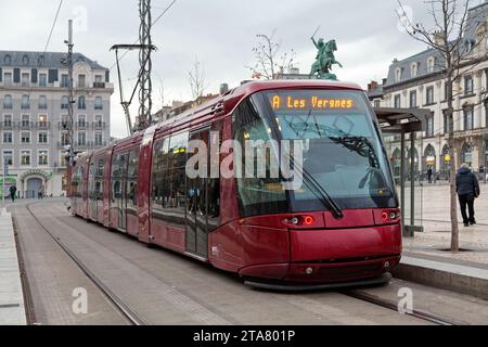 Clermont-Ferrand, France - December 11 2019: Tramway of Line A stopping at Place de Jaude in the city center. Stock Photo