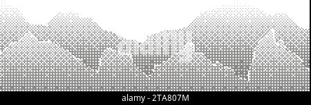 Halftone gray mountain landscape with two rows of mountain range drawn with a dotted gradient. Widescreen background Stock Vector