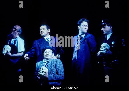 from left: Billy J Mitchell (Mortimer), David Schofield (Munoz / Pancho Vargas), Matt Zimmerman (Mahoney - with skull), Roger Allam (Stone) in CITY OF ANGELS at the Prince of Wales Theatre, London W1  30/03/1993  book: Larry Gelbart  music: Cy Coleman  lyrics: David Zippel  set design: Robin Wagner  costumes: Florence Klotz  lighting: Paul Gallo  fights: B H Barry  musical staging: Walter Painter  director: Michael Blakemore Stock Photo