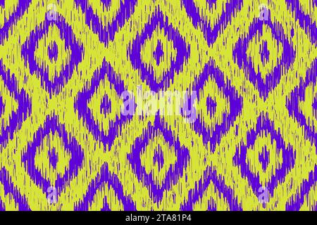Batik ikat or tie-dye seamless pattern with vertical diamonds in purple and yellow. Abstract vector background in ethnic or boho style. Washed digital Stock Vector