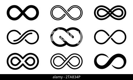 Infinity icons set isolated on white background. Eternal, limitless, endless, unlimited infinity symbols. Mobius line vector illustration. Stock Vector