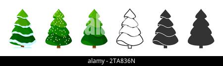 Christmas tree line silhouette stamp cartoon flat set. Editable stroke new year snow covered tree decor xmas toy sticker print template evergreen fir handmade greeting card holiday symbol isolated Stock Vector
