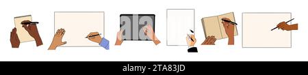 Set of Hands with writing, painting tools vector. Stock Vector
