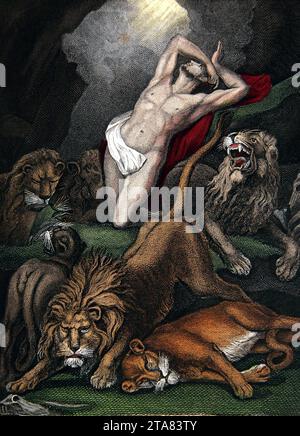 illustration of Daniel in the Den of Lions (Book of Daniel) from the Self-Interpreting Family Bible Stock Photo