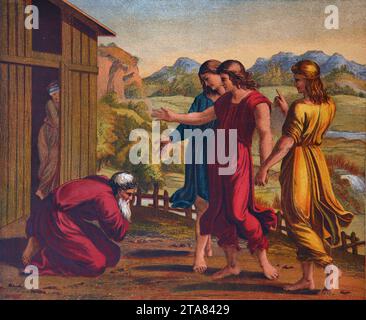 Illustration of Three Angels Appearing to Abraham  (Genesis)  Abraham Welcoming the Angels Bowing Outside his Wife Sarah inside from the Illustrated Stock Photo