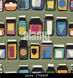 Seamless pattern with jars in colors. Background vector template design for packaging,  menu, print, brochures, cover, label. Editable colors graphic. Stock Vector