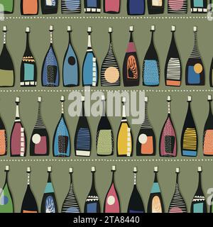 Seamless pattern with bottles in colors. Background vector template design for parties, bar, menu, print, brochures, cover, label. Editable colors gra Stock Vector
