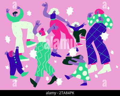 Vector illustration with dancing people with stars on violet background. Dancing people doodles. Happy family, party people. Vector illustration Stock Vector